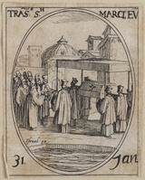 KG 10181
<br/>
Overbrengen van lichaam Marcus ("Heiligenkalender")
<br/>
<em>Callot, Jacques (1592 - 1635)</em>